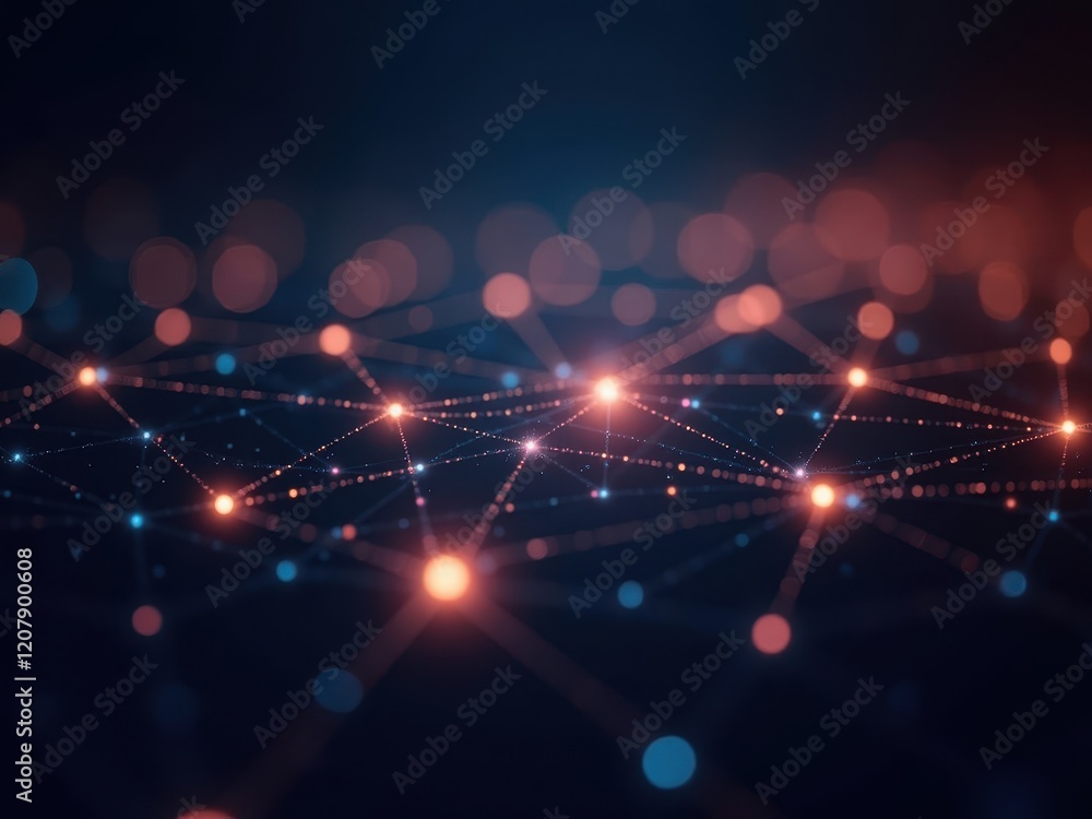 Poster visual representation of a digital network with glowing nodes and lines at night showcasing intercon