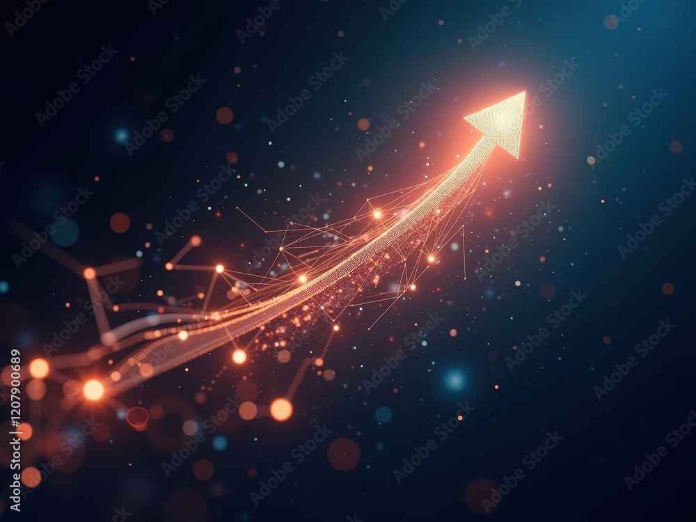 Poster dynamic upward arrow with glowing particles represents growth and progress against a dark background