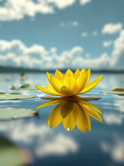 Close-up shot of a vibrant yellow water lily flower in full bloom on a calm river surface, river, beauty