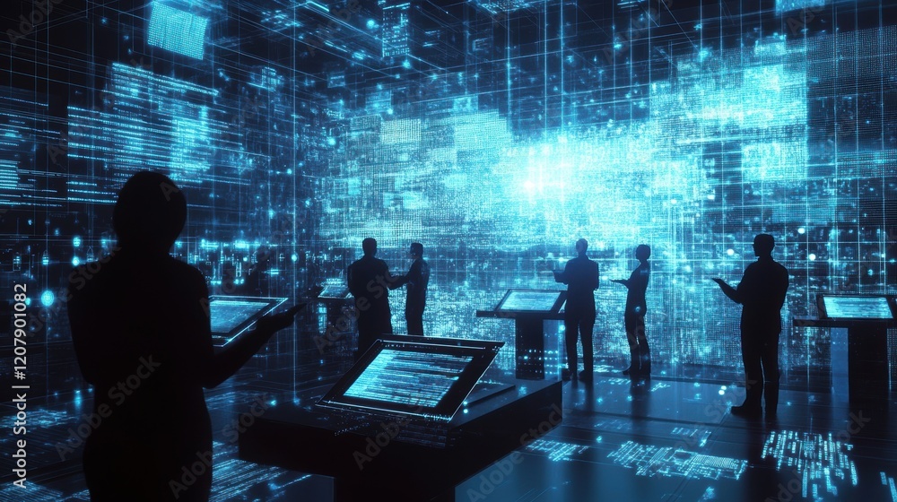 Poster silhouetted businesspeople are working with interactive screens in a futuristic cyberspace environme