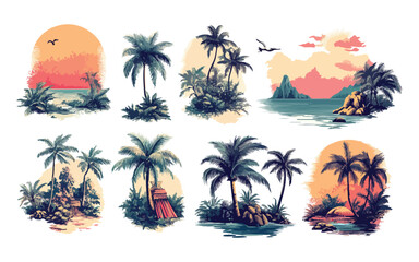 tropical island with palm trees bundle vector design