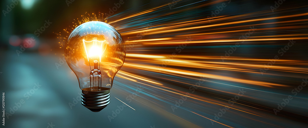 Poster illuminating ideas: glowing lightbulb with dynamic data stream