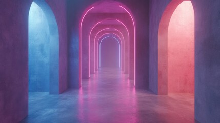 Vibrant Neon Arched Hallway with Colorful Lighting Effects