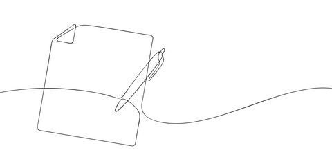 A single line drawing of a file with pen. Continuous line pen writing on paper icon. One line icon. Vector illustration.