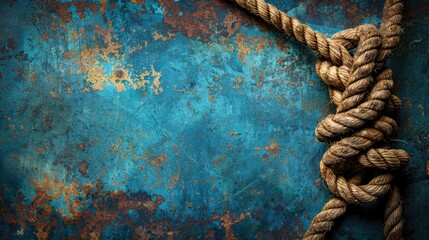 A close-up of a textured blue background with a thick rope tied in a knot.