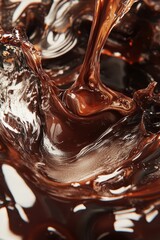 Close-up of dark chocolate pouring, creating swirls and splashes.