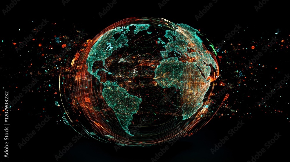 Poster digital globe with interconnected lines and vibrant colors
