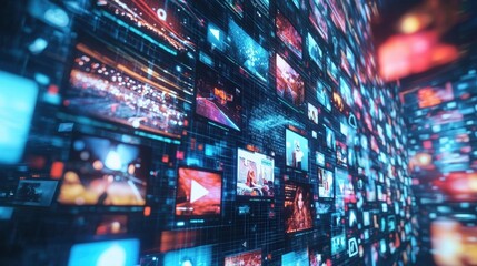 Futuristic video wall of vivid digital screens displaying dynamic multimedia content, symbolizing innovation and the digital age. Perfect for tech, media, and cyberpunk themes.