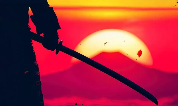 A silhouetted samurai warrior or ninja holding a sword against a vibrant sunset backdrop, capturing a serene yet powerful atmosphere.