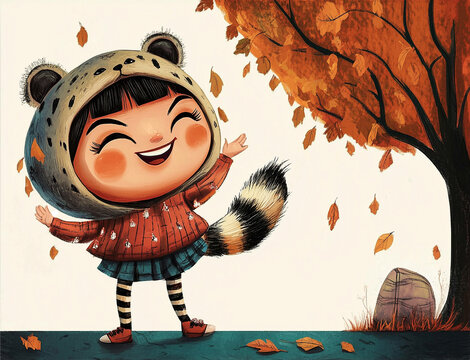 A young girl, dressed in a raccoon costume with a striped tail and ears, stands happily in an autumn park, raising her arms excitedly. The joyful child with a big smile enjoys a fun outdoor adventure