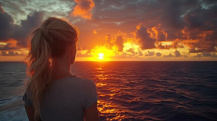 Fototapeta premium Woman watches ocean sunset, cruise ship background