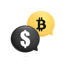 Obraz premium Discussing crypto and stock market. Two chat bubbles with dollar sign and bitcoin sign in financial conversation. Vector illustration. 