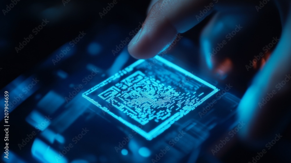 Poster close up of hand scanning digital qr code in dark environment