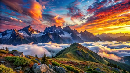 Majestic Mountain Sunrise Panorama, Alpine Cloudscape, Breathtaking Landscape
