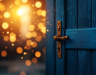 An enchanting blue door adorned with a golden handle opens to a world of soft bokeh lights, symbolizing new opportunities and inviting warmth into the space beyond.