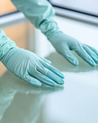 A pair of hands wearing light blue gloves are gently placed on a reflective surface, suggesting cleanliness and care in handling.