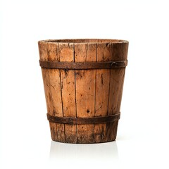 Fototapeta premium A rustic wooden bucket made of aged timber, featuring metal bands. Perfect for gardening, storage, or as a decorative element in interior design.