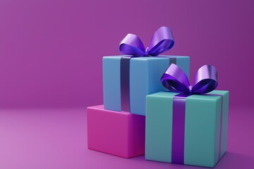 Obraz premium 3D Rendering of Gift Boxes with Purple Ribbon on Top, Isolated Against Solid Background, Conveying Celebration and Special Day Atmosphere for Christmas, Birthday Parties, and Festive Events