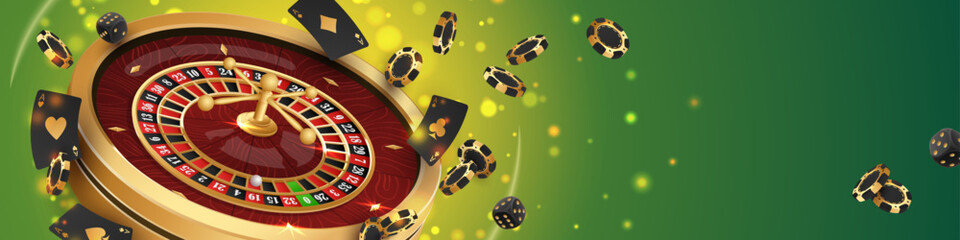 Banner with Golden casino roulette, wheel with flying black poker chips, tokens, playing cards, dices, around on green background with lights, bokeh. Vector illustration for design, advertising