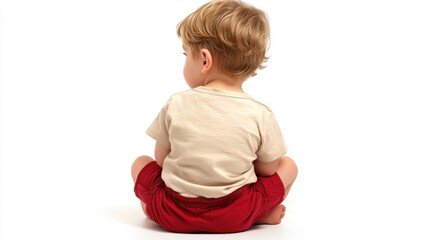 Cute Toddler Sitting with Back to Camera on White Background