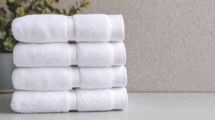 A neat stack of white towels rests on a surface, accompanied by a soft green plant in the...