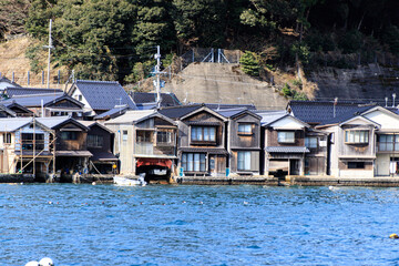 Charming Traditional Boat Houses Built Side by Side Along the Waterfront of Ine Bay, Kyoto, Japan