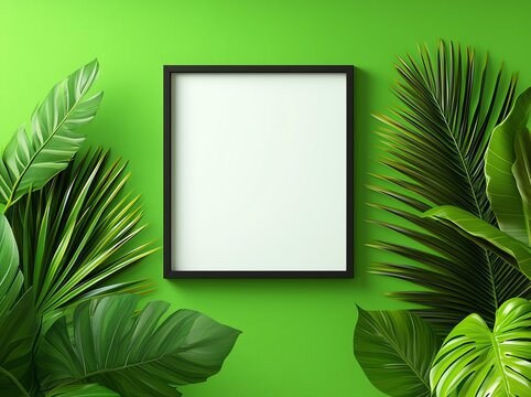 A blank black frame is surrounded by lush green tropical leaves, creating a vibrant and refreshing atmosphere. Perfect for displaying art or photographs in an energetic setting.
