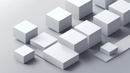 Modern abstract design with 3D white squares in a grid pattern, creating depth and subtle shadows over a smooth gradient background from light gray to white.
