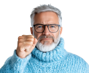 Mature man in cozy blue sweater showing strong determination with a raised fist against a transparent background