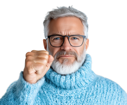 Mature man in cozy blue sweater showing strong determination with a raised fist against a transparent background