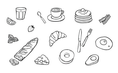 Breakfast menu items illustration. Isolated, hand drawn vector graphic.