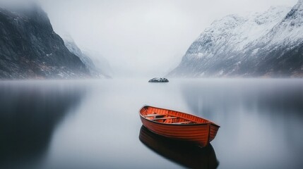 Fototapeta premium A solitary red boat floating on a calm, mist-covered lake surrounded by snow-draped mountains, creating a serene and atmospheric scene.