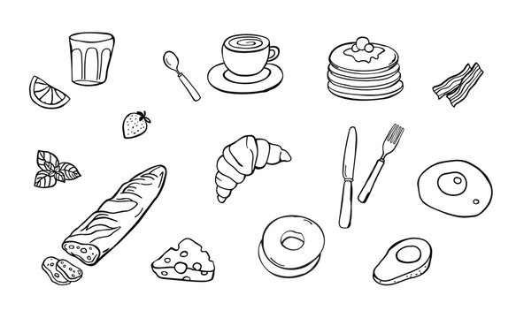 Breakfast menu items illustration. Isolated, hand drawn vector graphic.