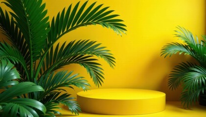 Fototapeta premium Palm tree leaves on yellow pedestal shelf in tropical garden, tropical, palm tree leaves