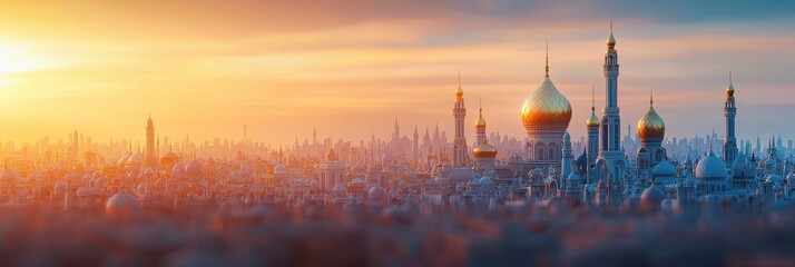A stunning skyline at sunset, featuring majestic domes and minarets, bathed in warm golden light,...
