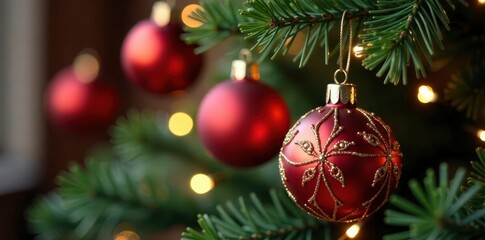 Fototapeta premium Red and gold baubles on a Christmas tree branch, colorful baubles,