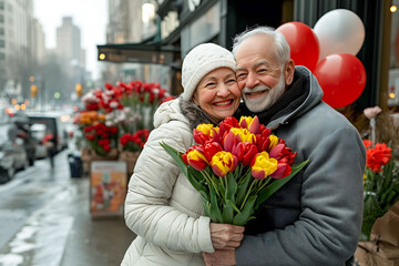 An older couple smiles warmly as they embrace, surrounded by vibrant flowers in a city setting. The scene is filled with a festive atmosphere, showcasing their love and joy