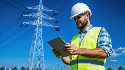 A worker in a safety vest and helmet uses a tablet near a power line against a clear blue sky.