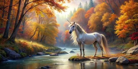 Majestic Unicorn Autumn River Landscape AI Photo
