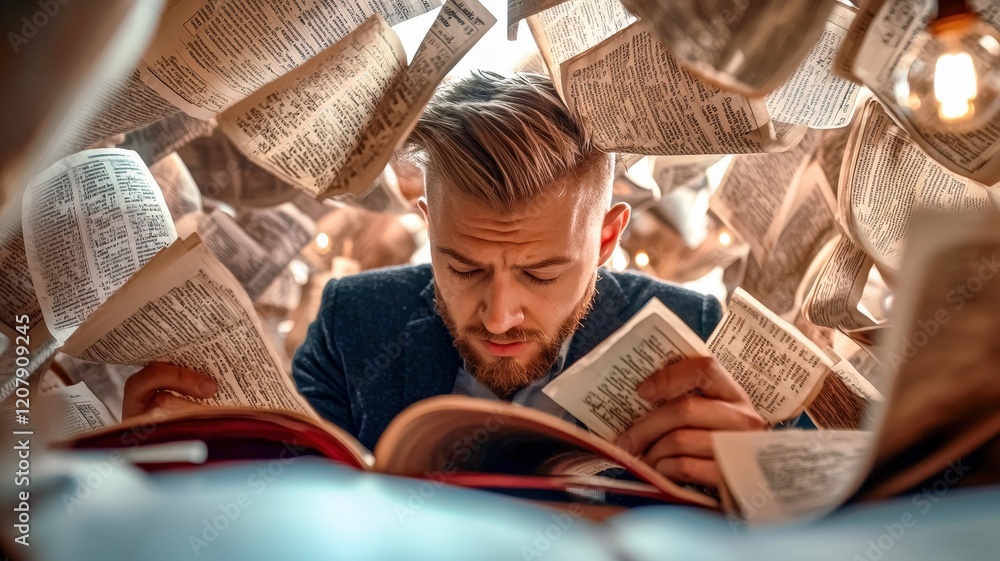 Poster a man intensely reads surrounded by floating pages, capturing the essence of focus and knowledge in 