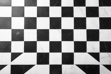 Black and white checkerboard pattern showcasing a modern design on a tiled floor in an indoor space