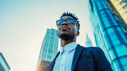 Fototapeta premium Man in Suit Looking Upward at Cityscape