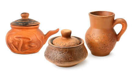 Ceramic pot, jug and Small clay pot with lid isolated on white background.