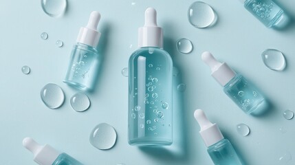 Minimalist flat lay of skincare bottles with drops of serum on clean skin tones