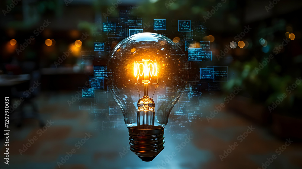 Poster glowing lightbulb with digital data: a symbol of innovation and ideas