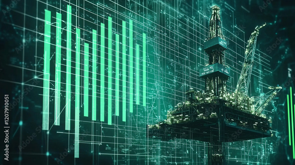 Aufkleber a digital representation of an oil rig surrounded by green data visualization elements, symbolizing 