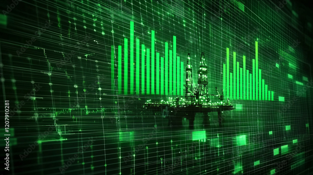 Aufkleber a digital representation of an oil rig surrounded by green data visualizations, symbolizing the inte