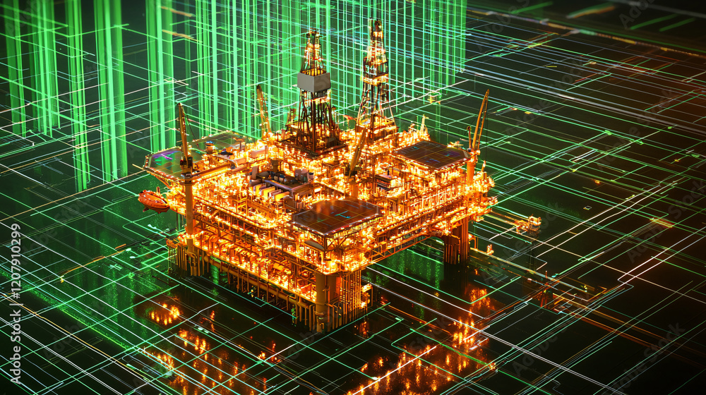 Poster a futuristic oil rig surrounded by glowing green data streams and a grid pattern, symbolizing techno