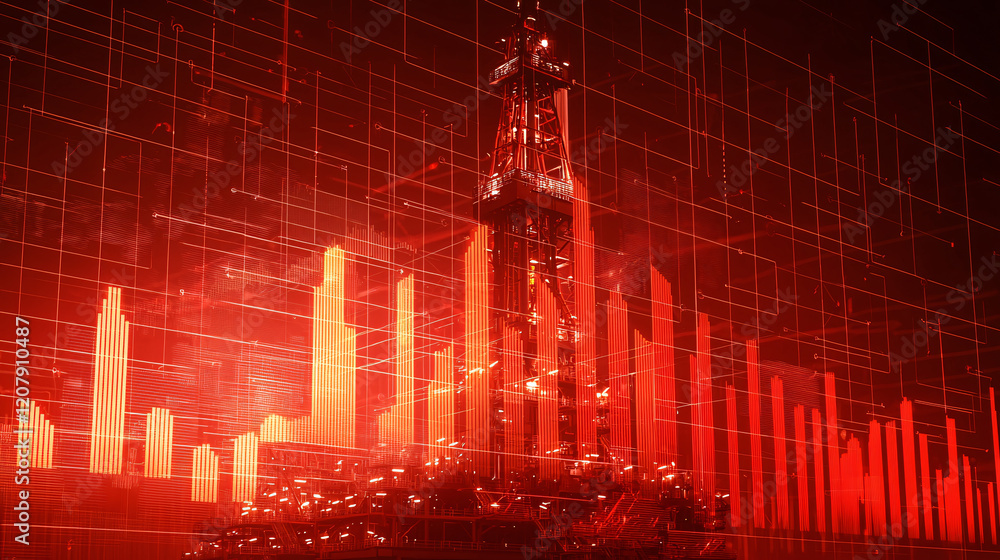 Poster a futuristic red cityscape with glowing structures resembling crystals and a central tower, surround