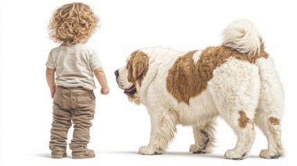 Obraz premium Child and Saint Bernard Dog Standing Together in Bright Space